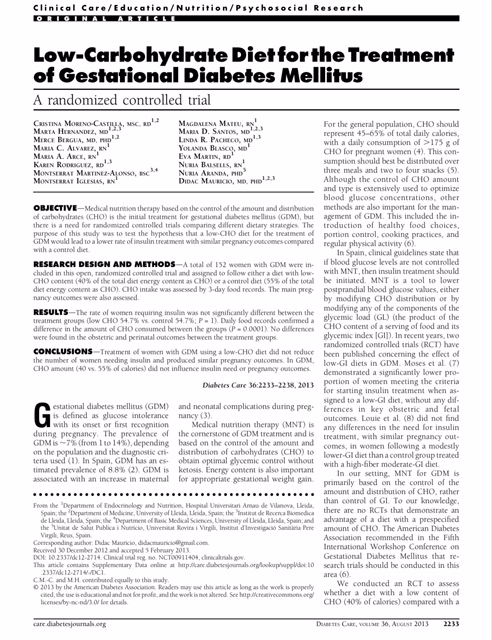 Moreno-Castilla (2013) Low-Carbohydrate Diet for the Treatment of Gestational Diabetes Mellitus