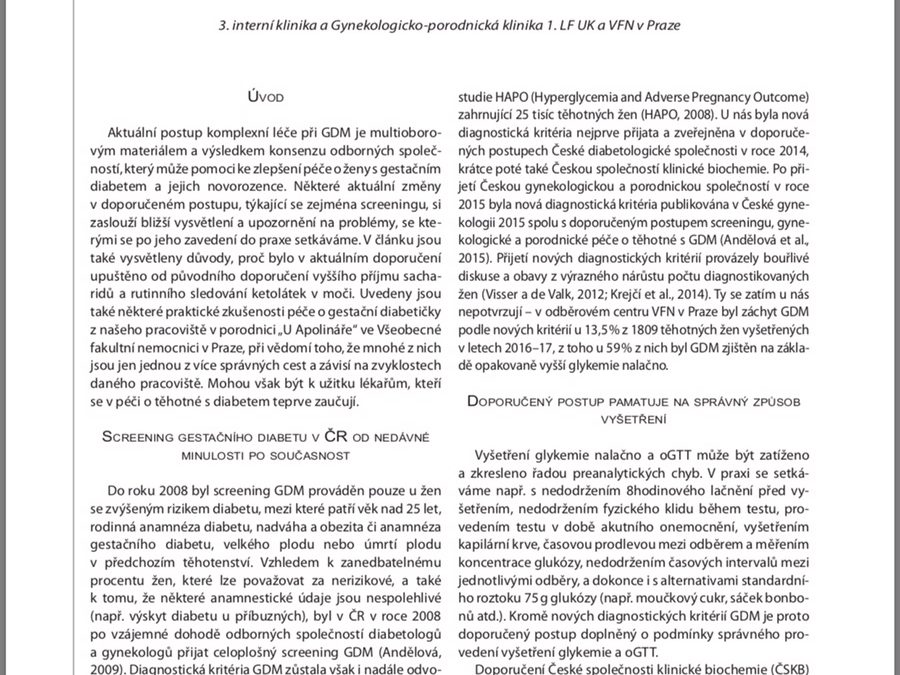 Krejčí (2018) Doporučený postup pro screening a péči o gestační diabetes –  komentáře a praktické aspekty