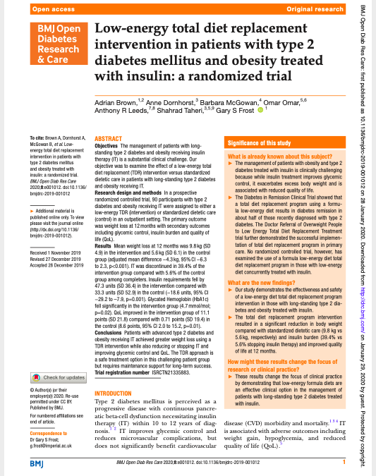 Brown (2020) Nízkoenergetická celková náhrada stravy u obézních pacientů s diabetem 2. typu léčených inzulinem – randomizovaná studie