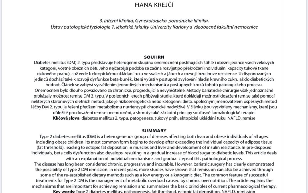 Krejčí (2020) Diabetes Mellitus 2. typu – Od porozumění patogeneze k možnostem jeho remise