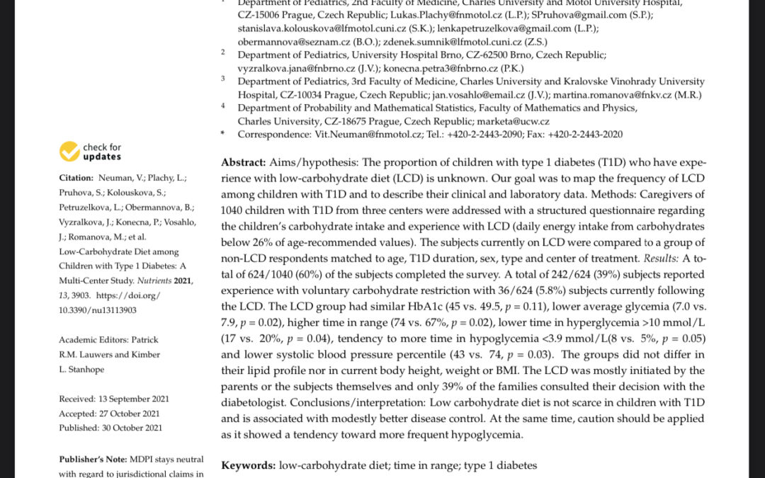 Neuman (2021) Low-Carbohydrate Diet among Children with Type 1 Diabetes: A Multi-Center Study (Nutrients)